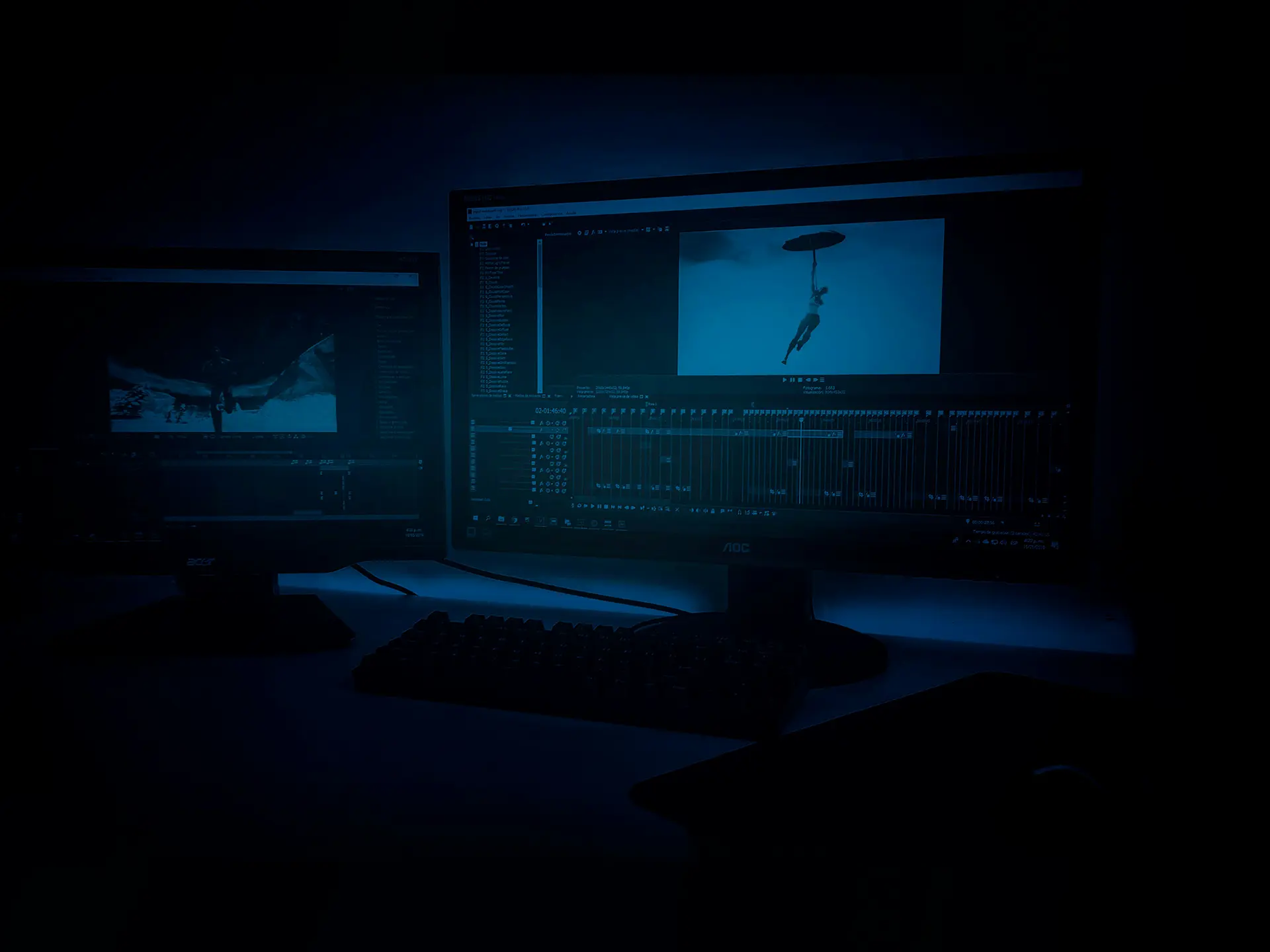 Dark blue image of a computer screen showing video editing software